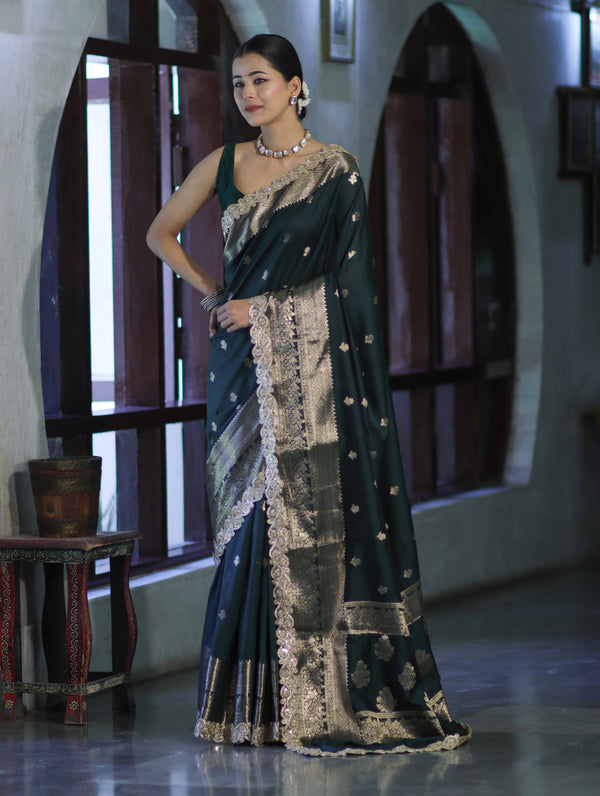 Banarasee Handloom Semi Silk Saree With Zari Buti Design & Lace Border-Deep Green