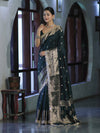 Banarasee Handloom Semi Silk Saree With Zari Buti Design & Lace Border-Deep Green