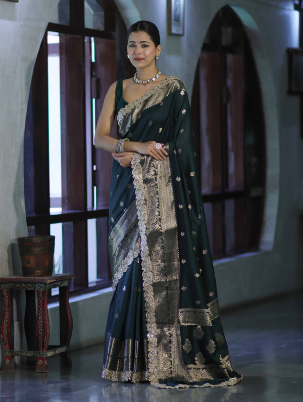 Banarasee Handloom Semi Silk Saree With Zari Buti Design & Lace Border-Deep Green