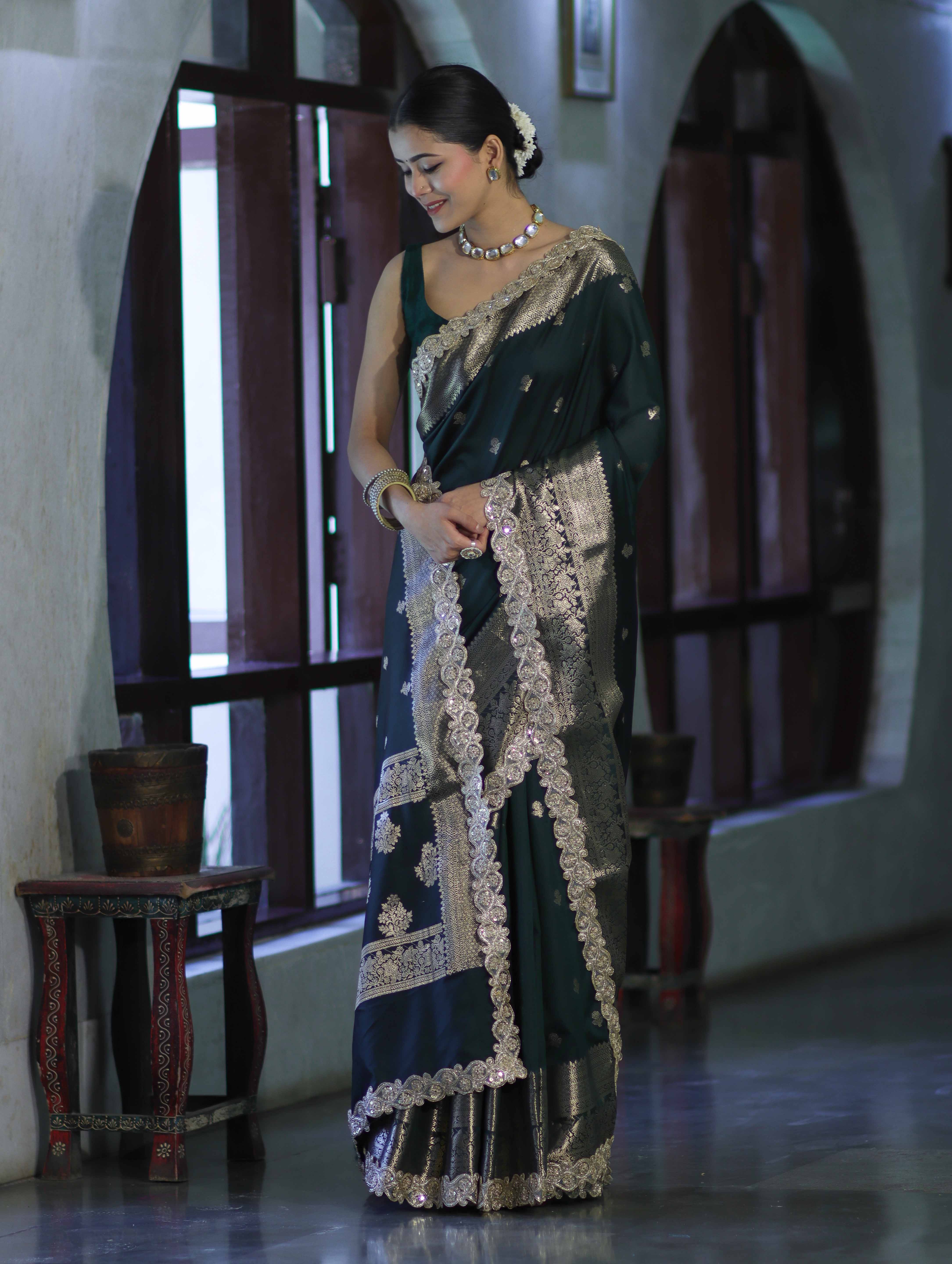 Banarasee Handloom Semi Silk Saree With Zari Buti Design & Lace Border-Deep Green
