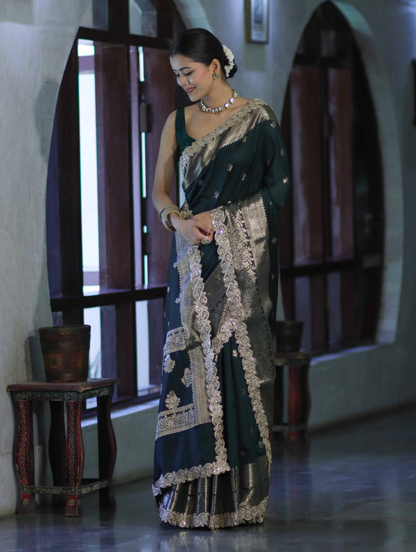 Banarasee Handloom Semi Silk Saree With Zari Buti Design & Lace Border-Deep Green
