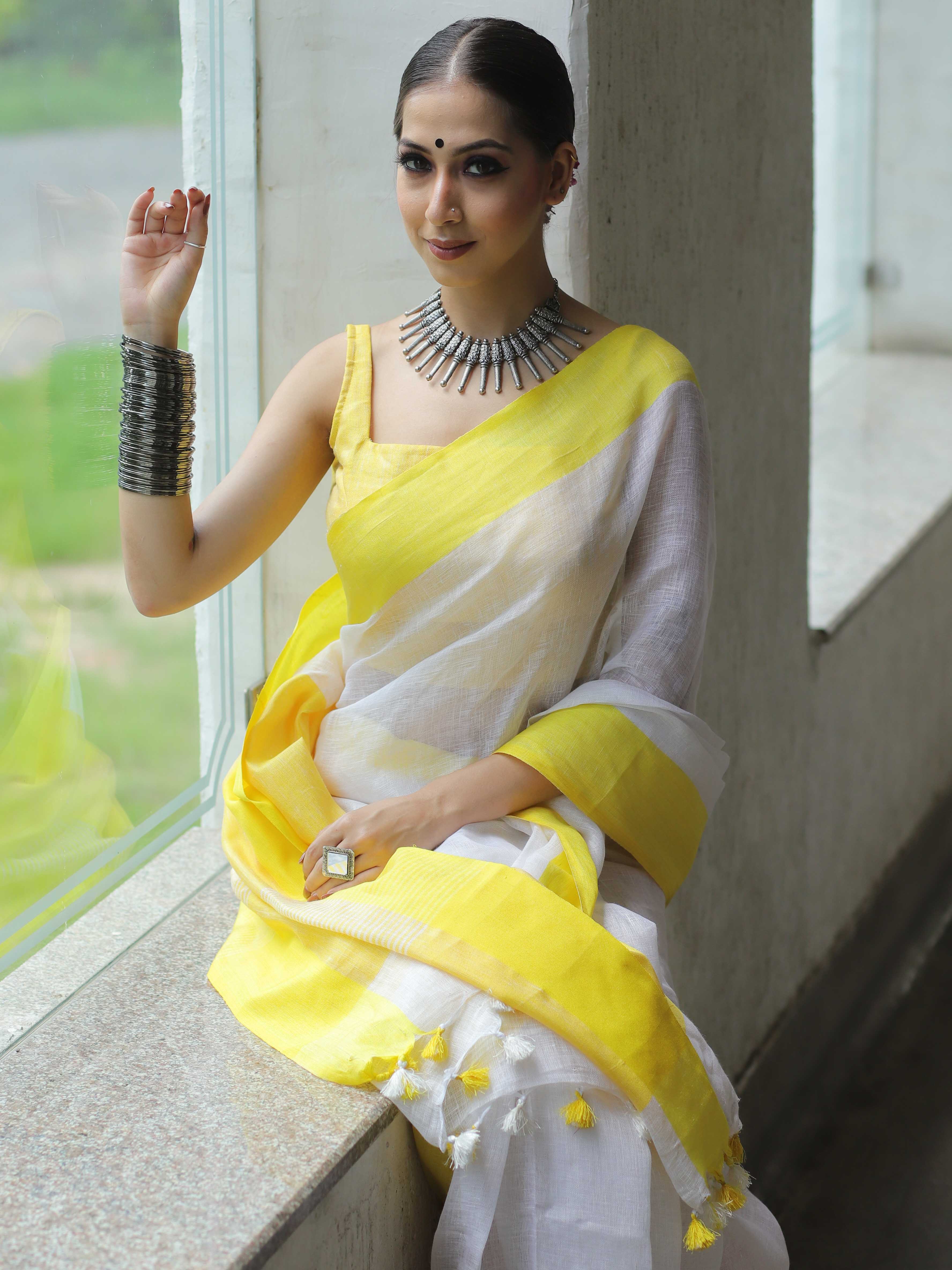 Banarasee Handloom Pure Linen Saree With Contrast Border-White & Yellow