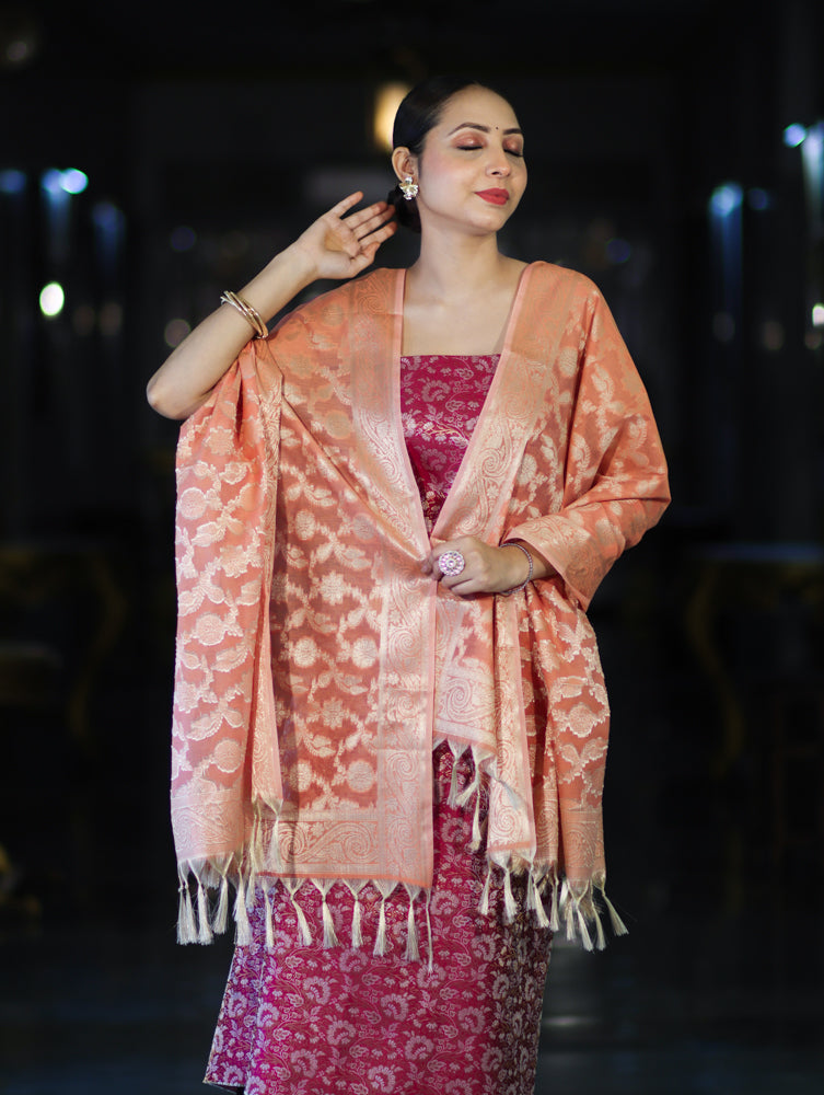 Banarasee Brocade Salwar Kameez Fabric With Jaal Design Contrast Dupatta-Magenta & Peach