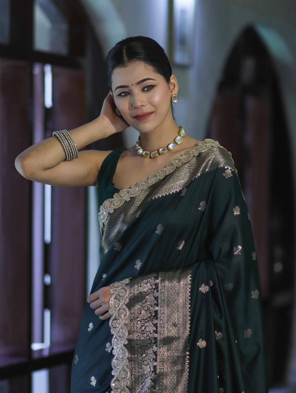 Banarasee Handloom Semi Silk Saree With Zari Buti Design & Lace Border-Deep Green