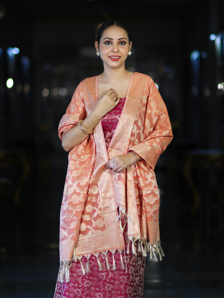 Banarasee Brocade Salwar Kameez Fabric With Jaal Design Contrast Dupatta-Magenta & Peach