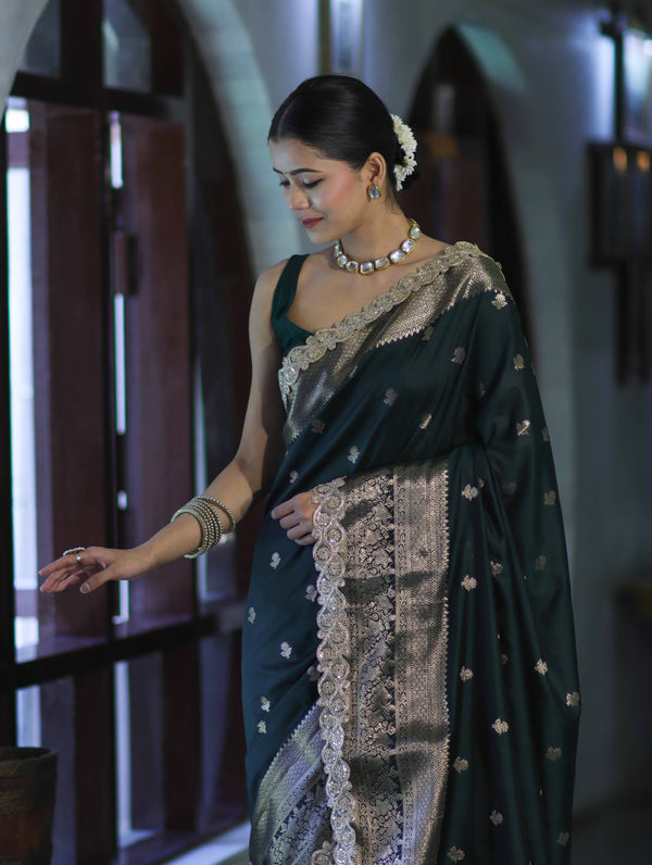 Banarasee Handloom Semi Silk Saree With Zari Buti Design & Lace Border-Deep Green