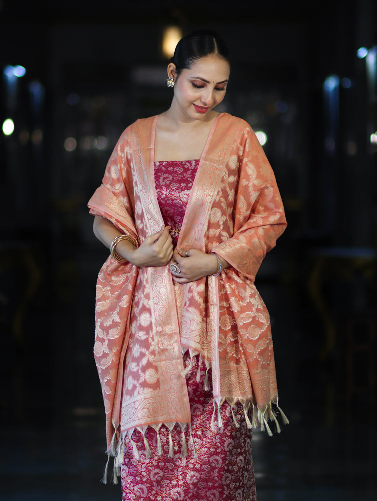 Banarasee Brocade Salwar Kameez Fabric With Jaal Design Contrast Dupatta-Magenta & Peach