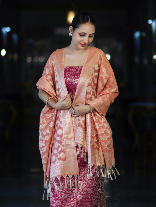 Banarasee Brocade Salwar Kameez Fabric With Jaal Design Contrast Dupatta-Magenta & Peach