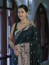 Banarasee Handloom Semi Silk Saree With Zari Buti Design & Lace Border-Deep Green