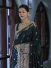 Banarasee Handloom Semi Silk Saree With Zari Buti Design & Lace Border-Deep Green