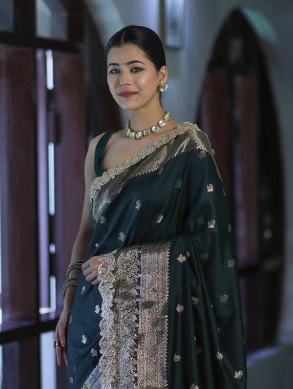 Banarasee Handloom Semi Silk Saree With Zari Buti Design & Lace Border-Deep Green
