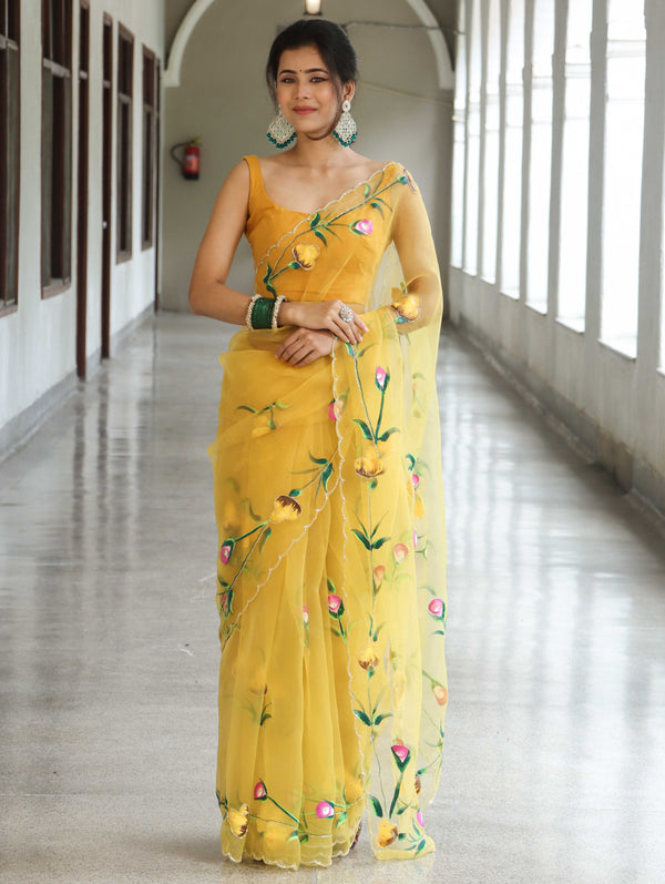 Banarasee Organza Saree With Handpainted Design and Cutdana Embroidery-Yellow