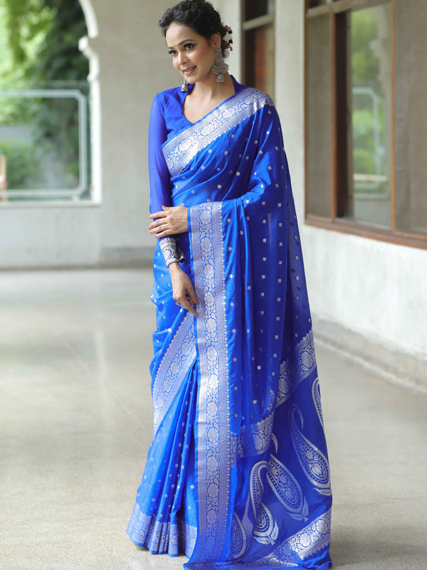 Banarasee Handwoven Faux Georgette Saree With Silver Zari Buti Design-Blue
