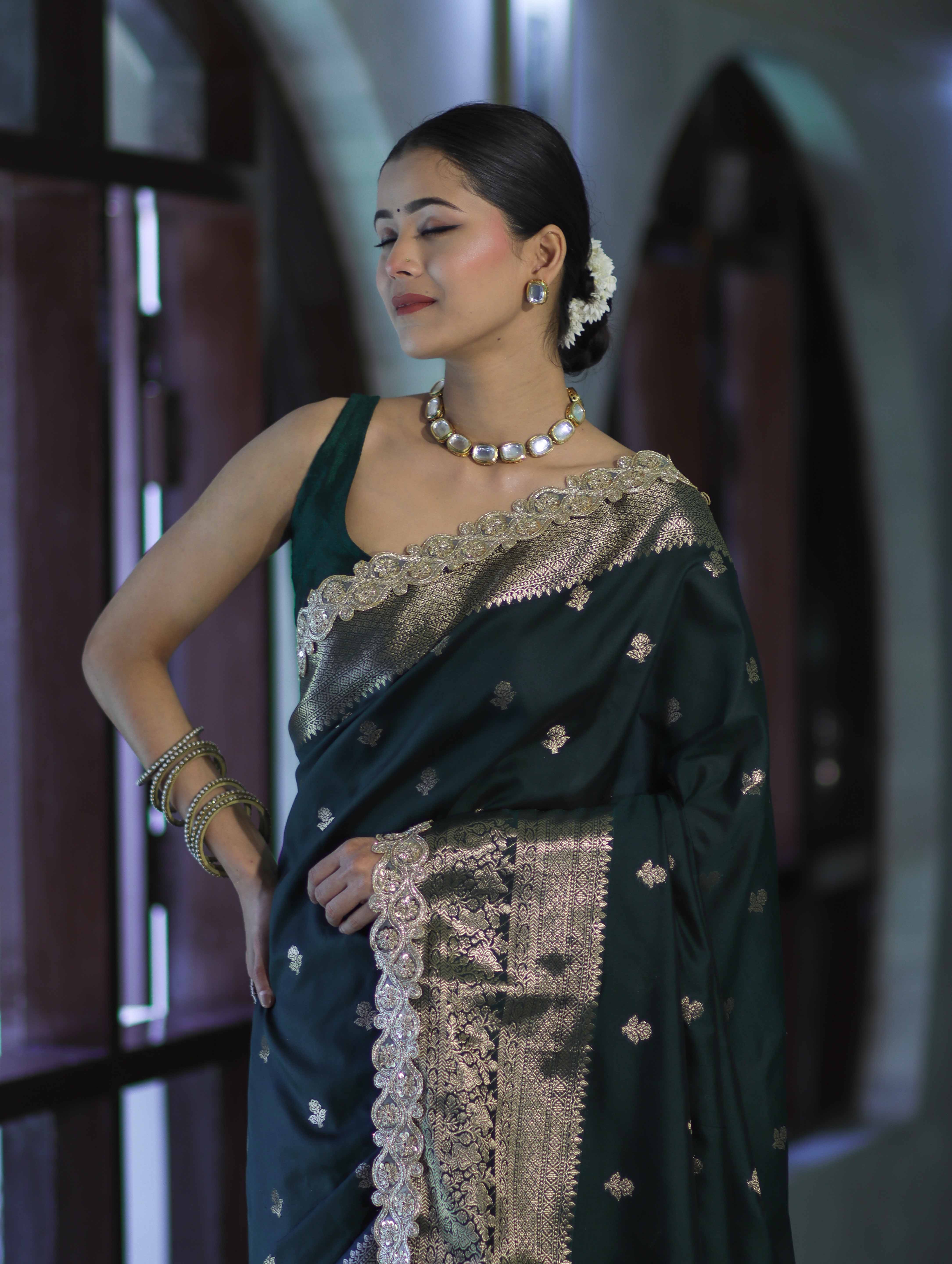 Banarasee Handloom Semi Silk Saree With Zari Buti Design & Lace Border-Deep Green