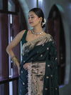 Banarasee Handloom Semi Silk Saree With Zari Buti Design & Lace Border-Deep Green