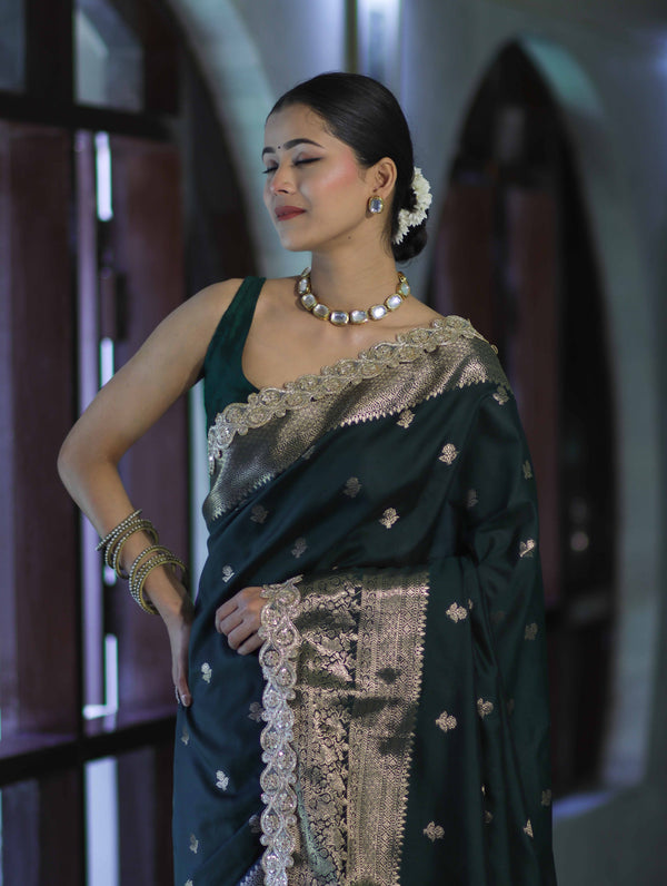 Banarasee Handloom Semi Silk Saree With Zari Buti Design & Lace Border-Deep Green