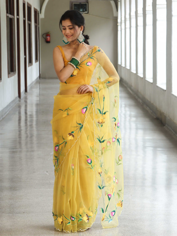 Banarasee Organza Saree With Handpainted Design and Cutdana Embroidery-Yellow