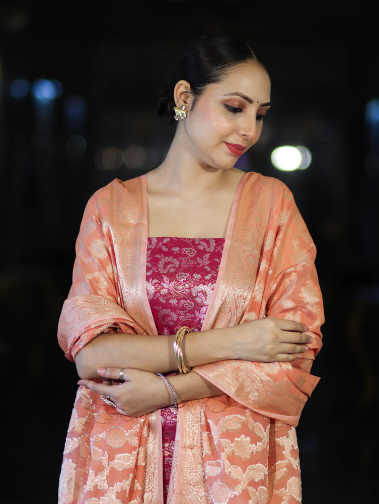 Banarasee Brocade Salwar Kameez Fabric With Jaal Design Contrast Dupatta-Magenta & Peach