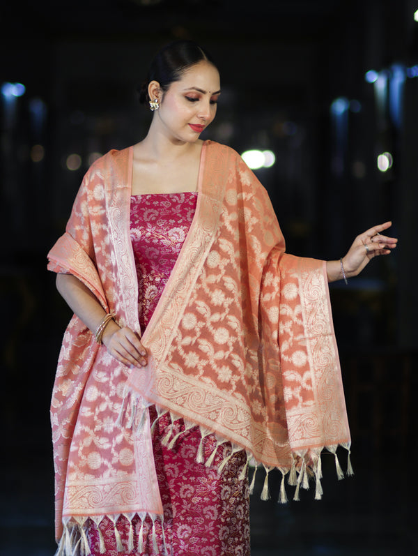Banarasee Brocade Salwar Kameez Fabric With Jaal Design Contrast Dupatta-Magenta & Peach