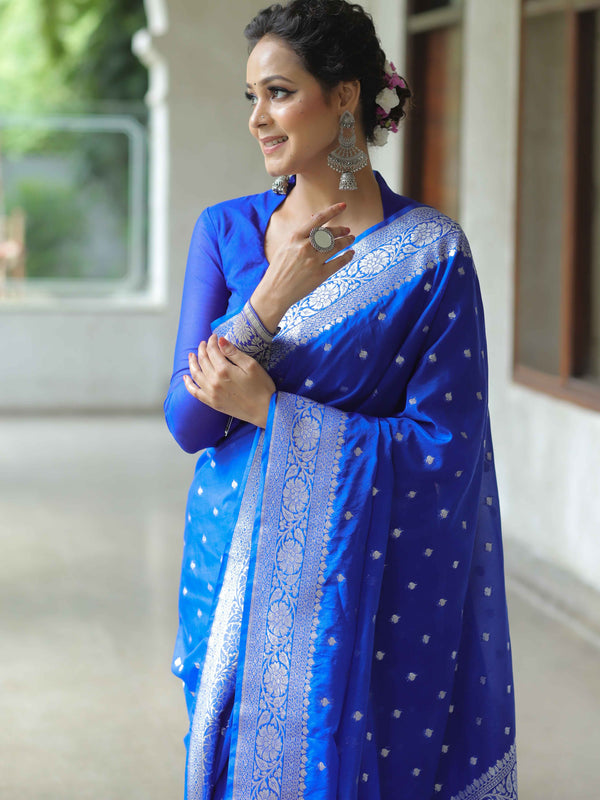 Banarasee Handwoven Faux Georgette Saree With Silver Zari Buti Design-Blue