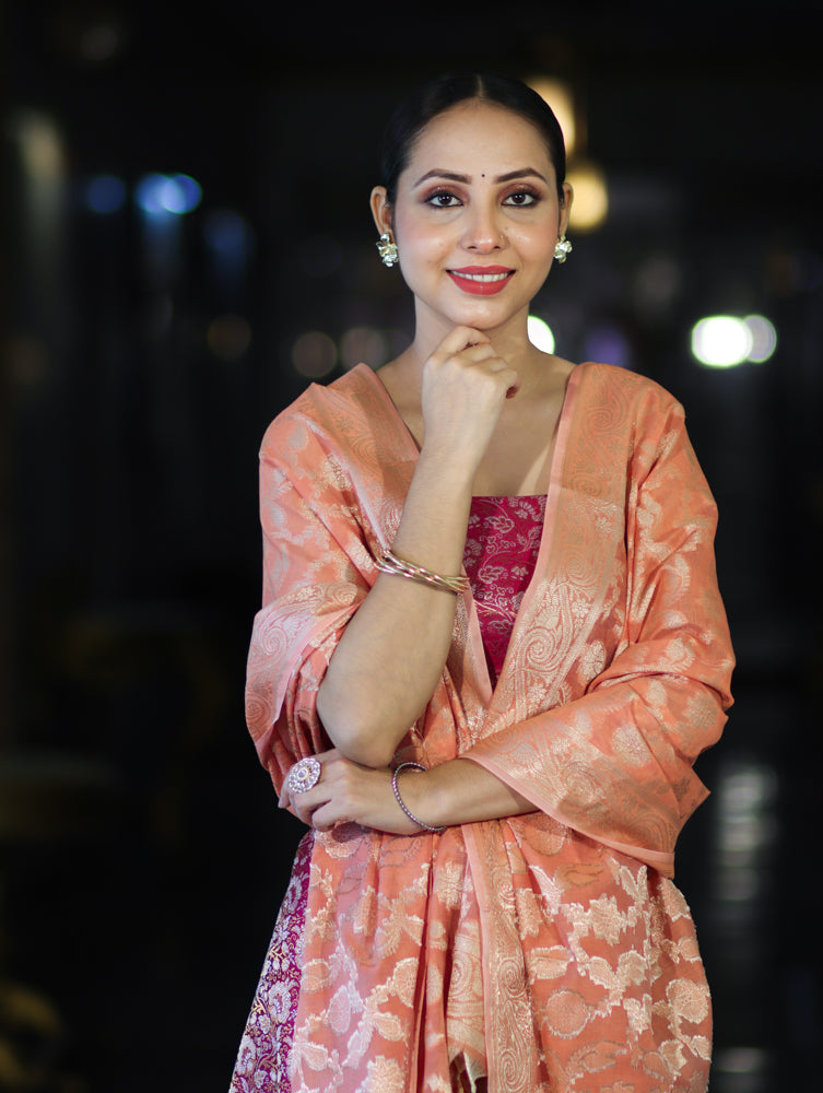 Banarasee Brocade Salwar Kameez Fabric With Jaal Design Contrast Dupatta-Magenta & Peach