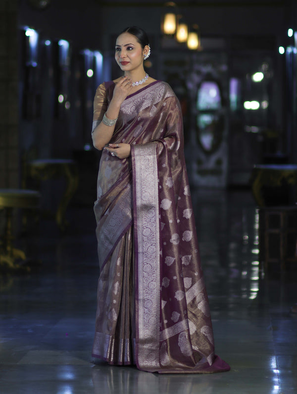 Banarasee Handloom Tissue Saree With Zari Buta Work & Border-Light Purple