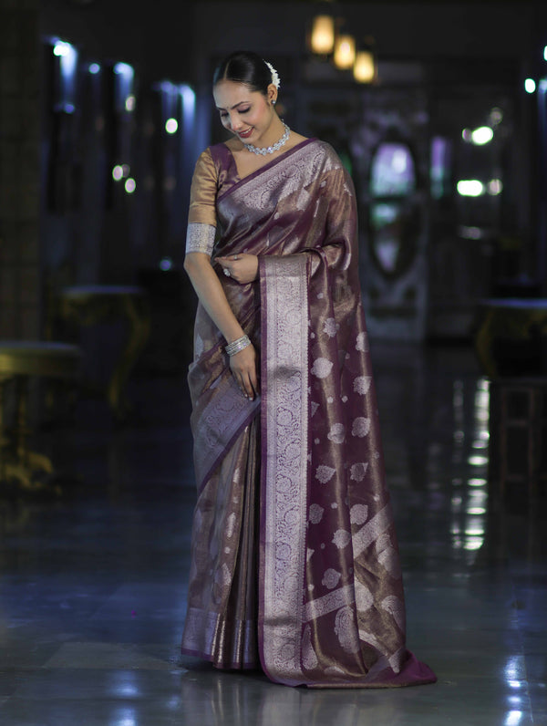 Banarasee Handloom Tissue Saree With Zari Buta Work & Border-Light Purple