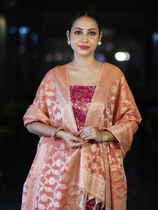 Banarasee Brocade Salwar Kameez Fabric With Jaal Design Contrast Dupatta-Magenta & Peach