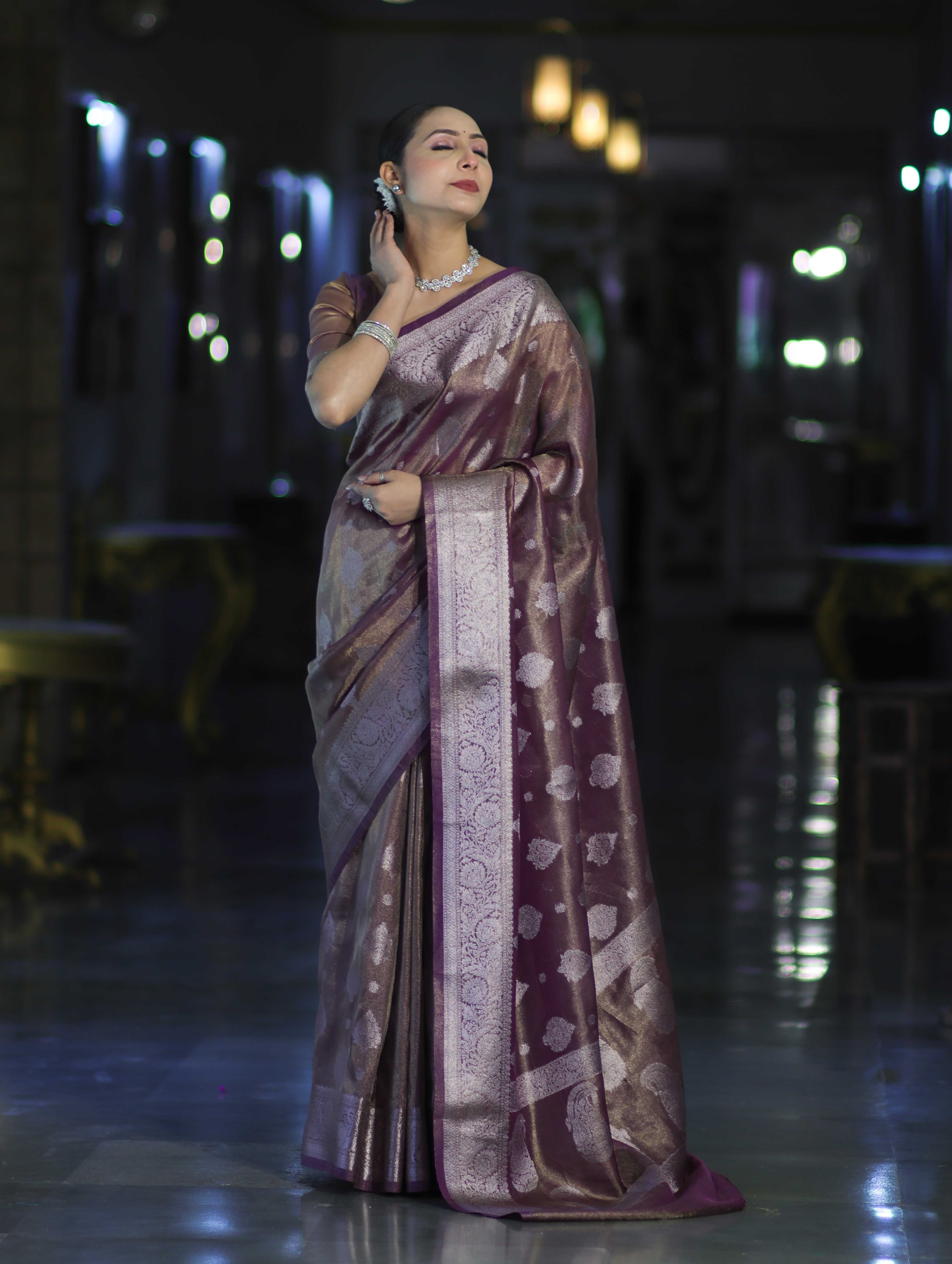 Banarasee Handloom Tissue Saree With Zari Buta Work & Border-Light Purple