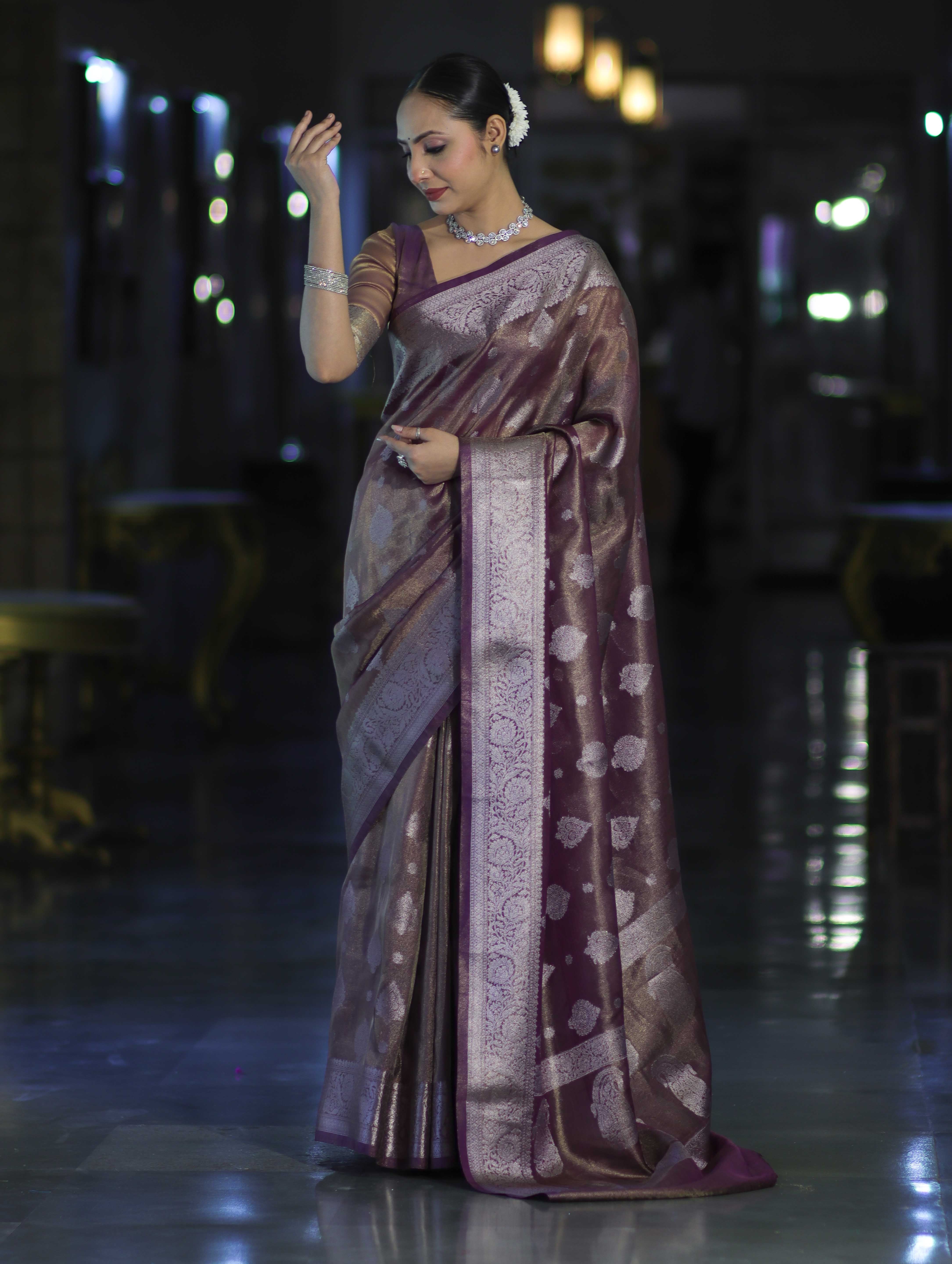 Banarasee Handloom Tissue Saree With Zari Buta Work & Border-Light Purple