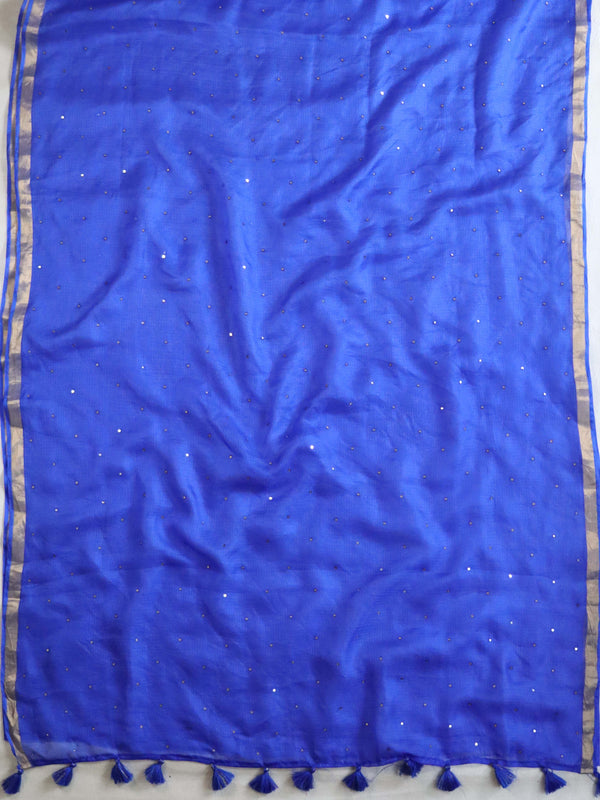Handwoven Pure Kota Silk Saree With Mirror Work & Brocade Blouse-Blue