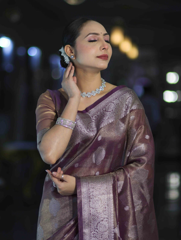 Banarasee Handloom Tissue Saree With Zari Buta Work & Border-Light Purple