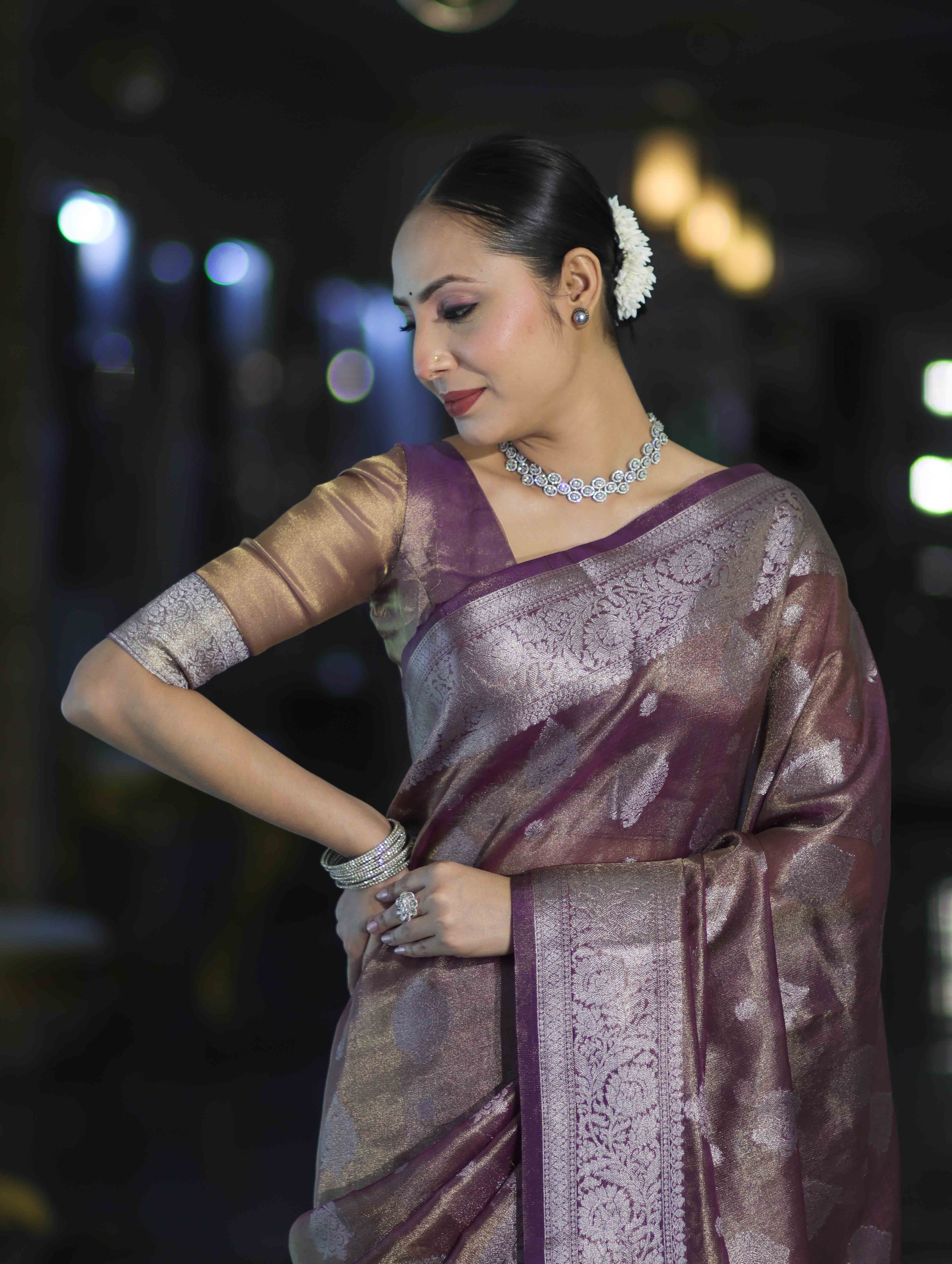 Banarasee Handloom Tissue Saree With Zari Buta Work & Border-Light Purple