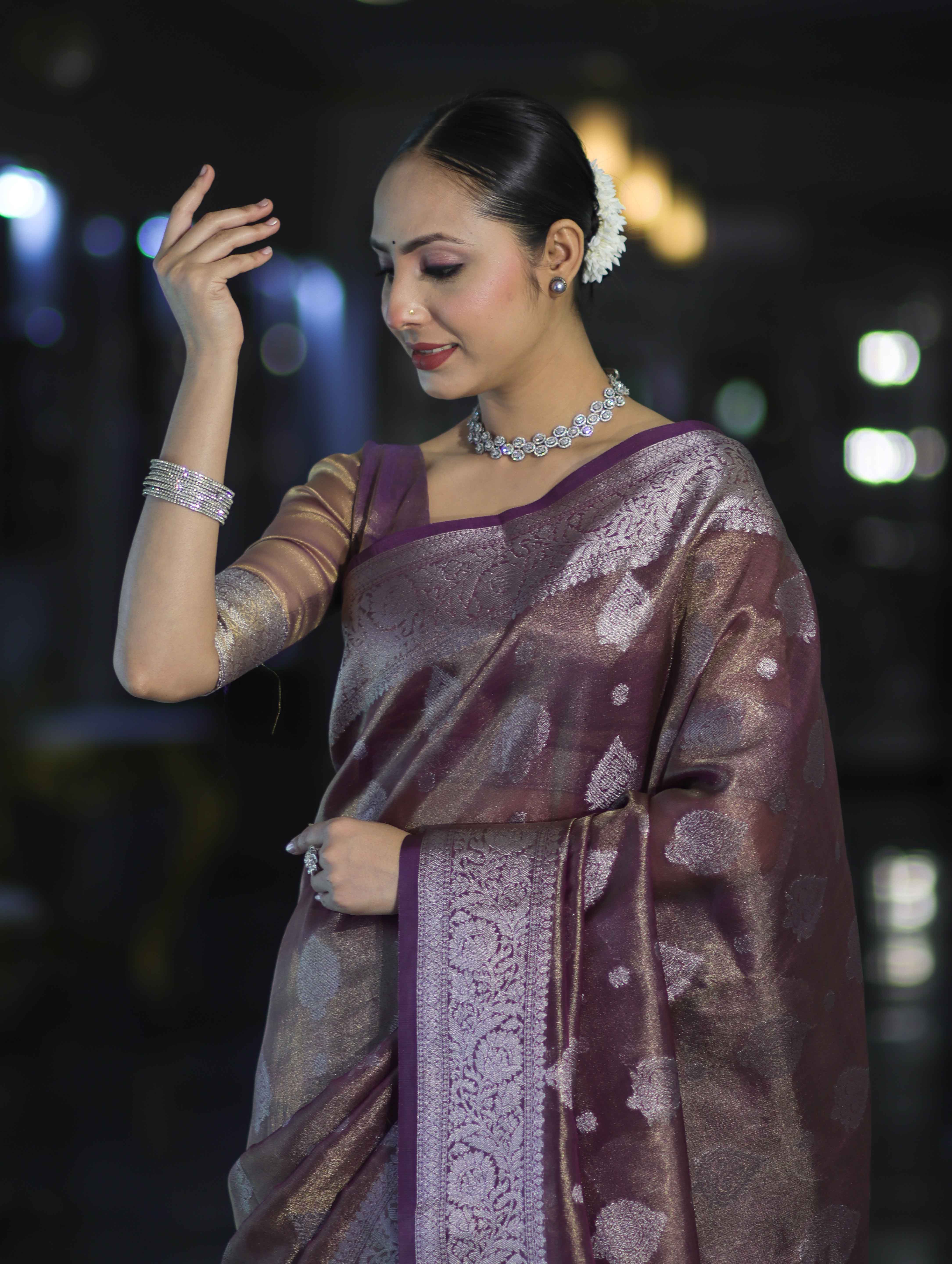 Banarasee Handloom Tissue Saree With Zari Buta Work & Border-Light Purple