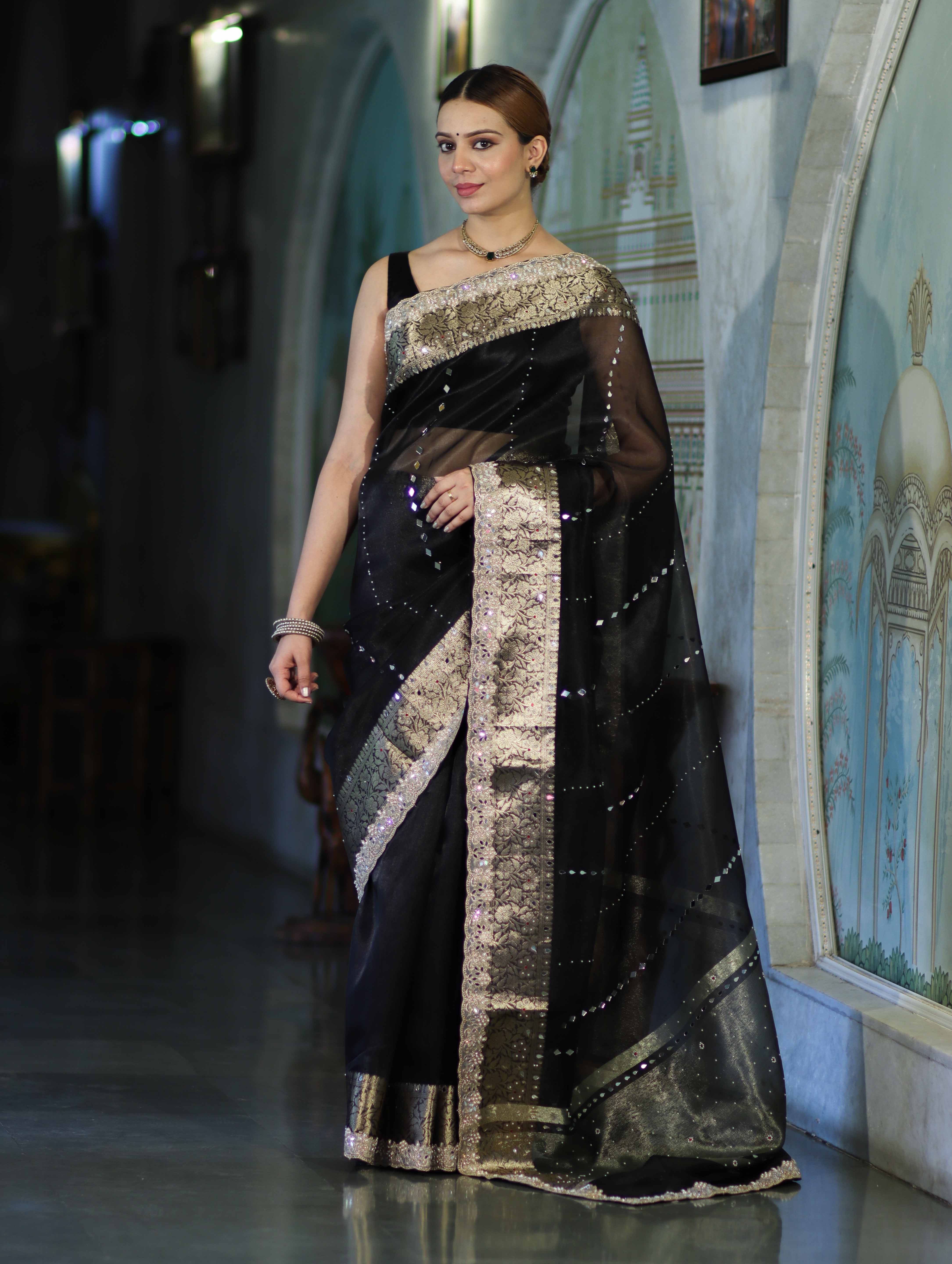 Banarasee Organza Hand Embroidered Mirror Work Saree-Black