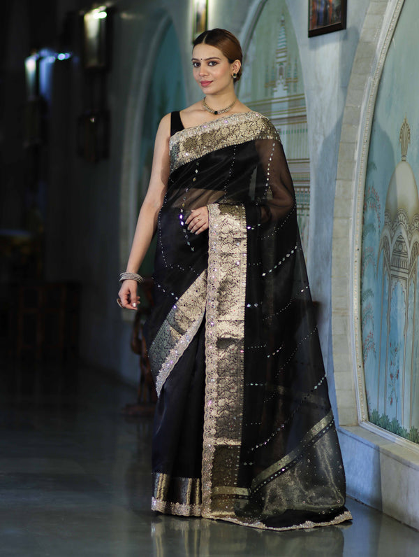 Banarasee Organza Hand Embroidered Mirror Work Saree-Black