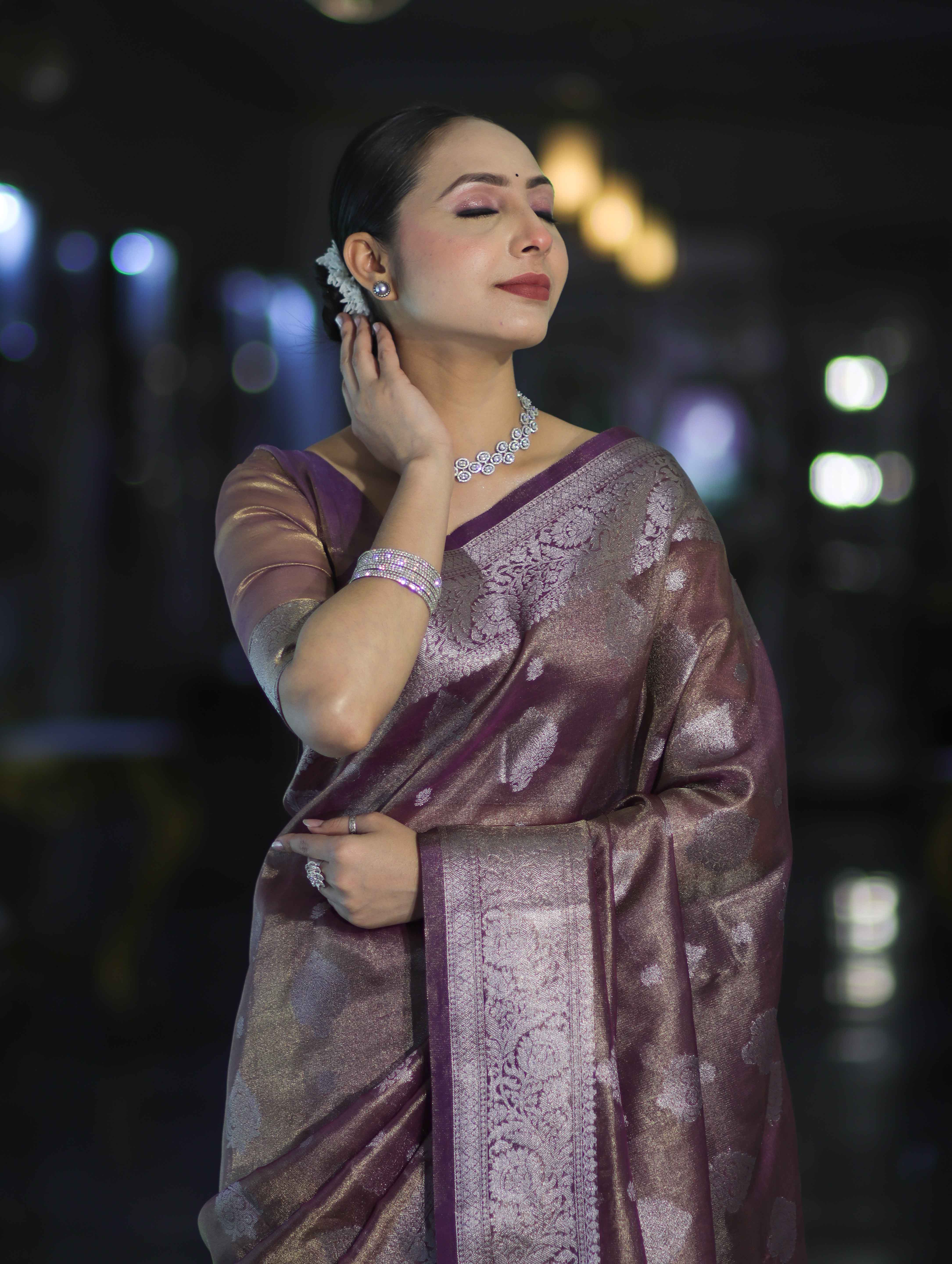 Banarasee Handloom Tissue Saree With Zari Buta Work & Border-Light Purple
