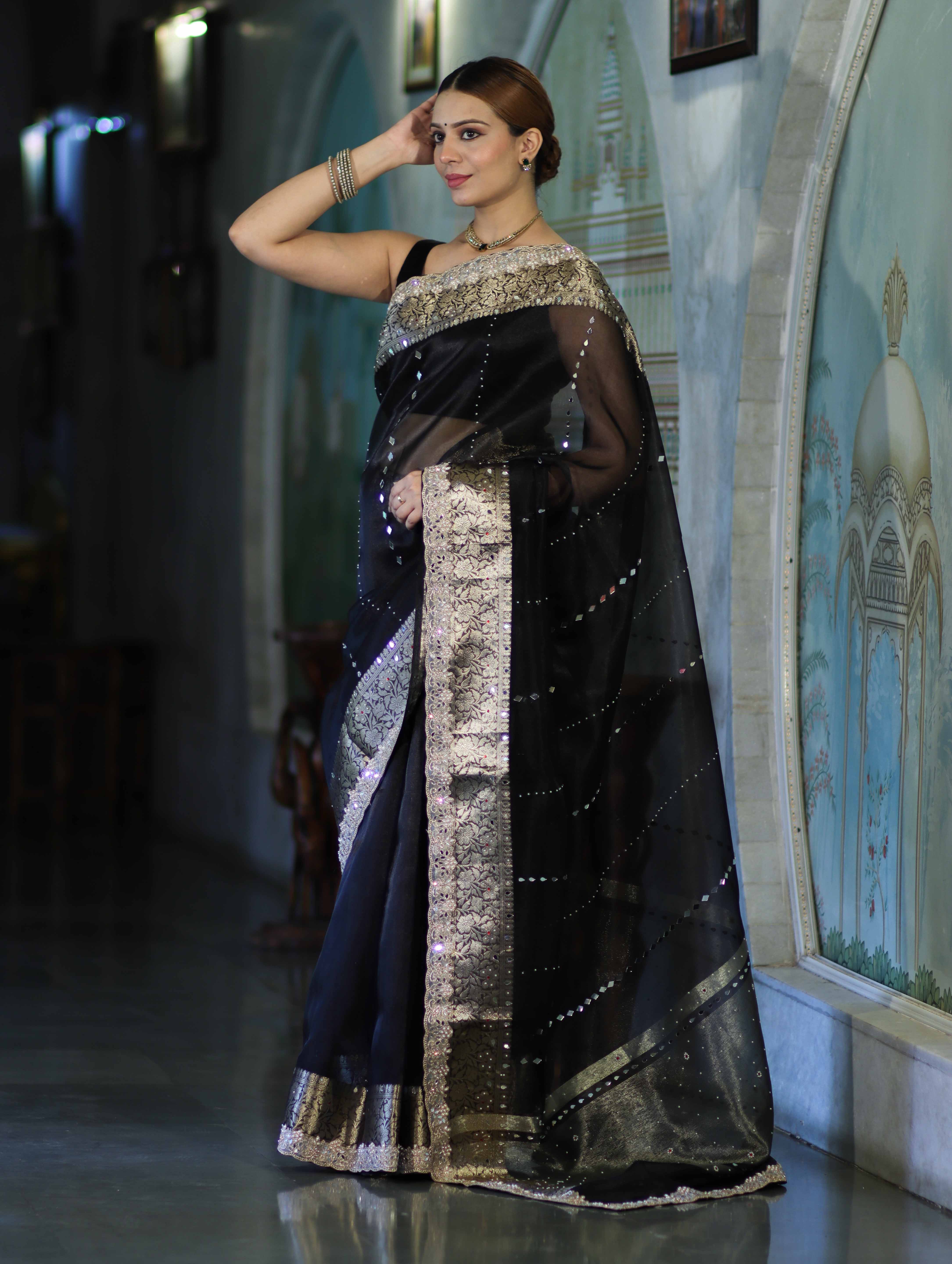Banarasee Organza Hand Embroidered Mirror Work Saree-Black