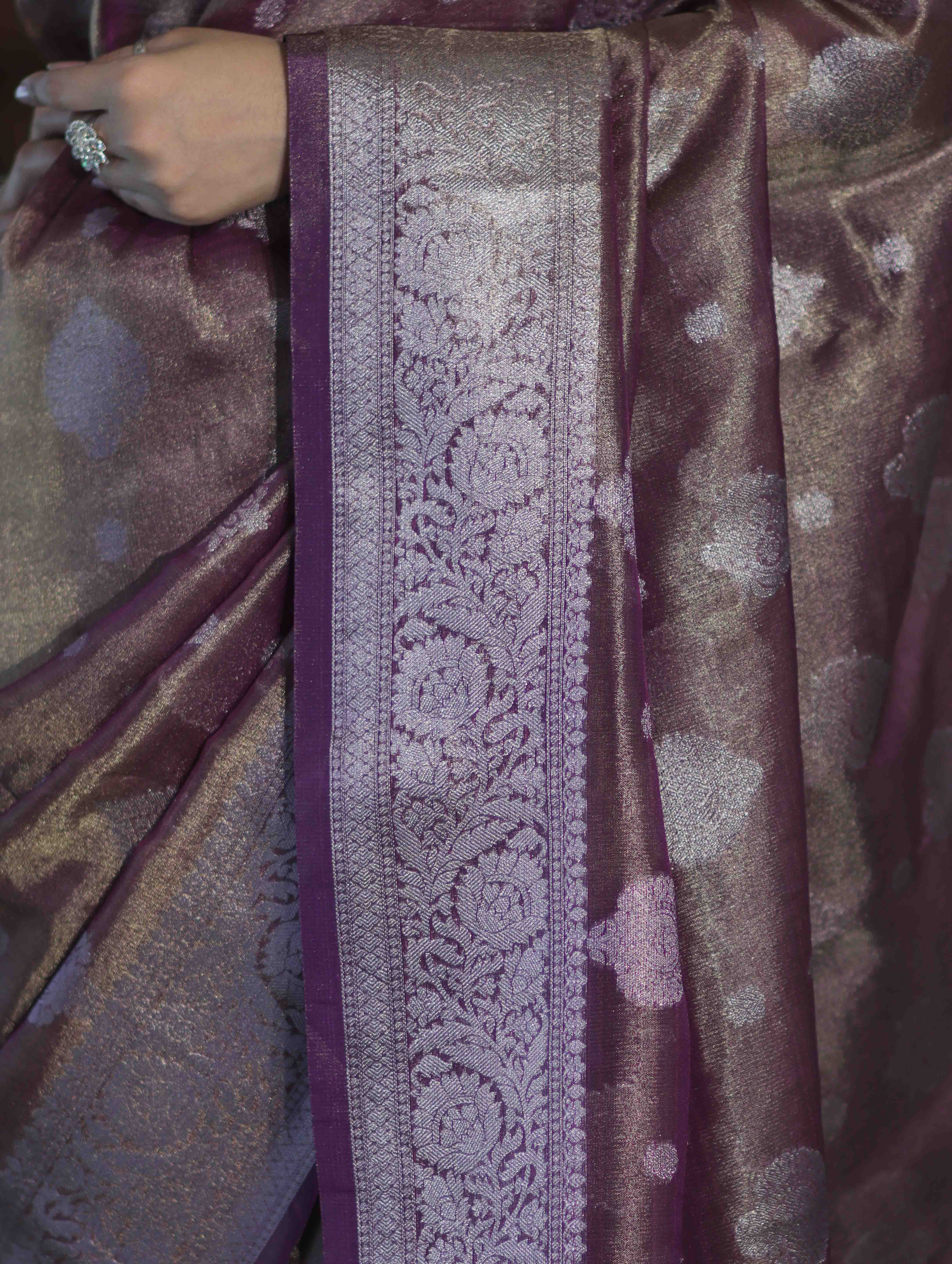Banarasee Handloom Tissue Saree With Zari Buta Work & Border-Light Purple