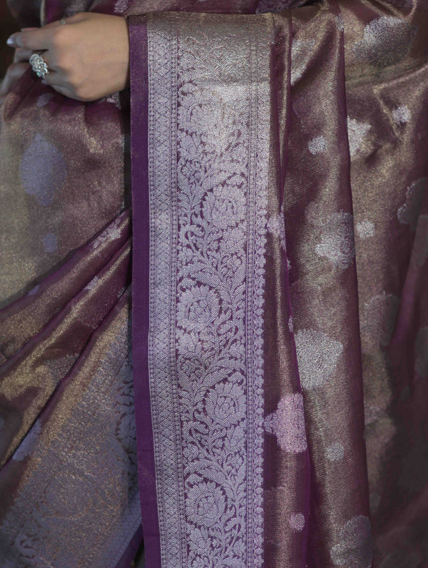 Banarasee Handloom Tissue Saree With Zari Buta Work & Border-Light Purple