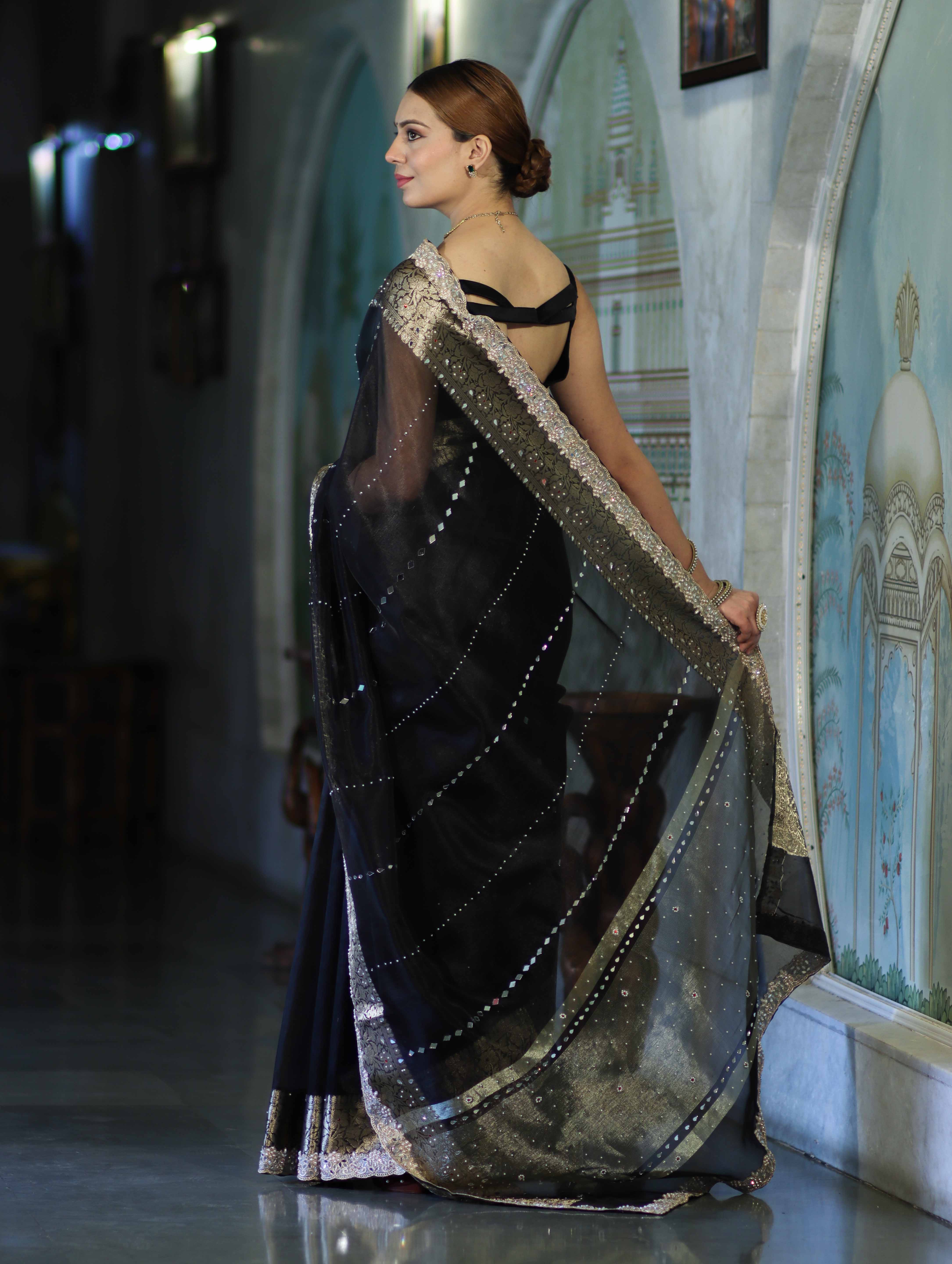 Banarasee Organza Hand Embroidered Mirror Work Saree-Black
