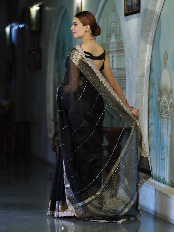 Banarasee Organza Hand Embroidered Mirror Work Saree-Black