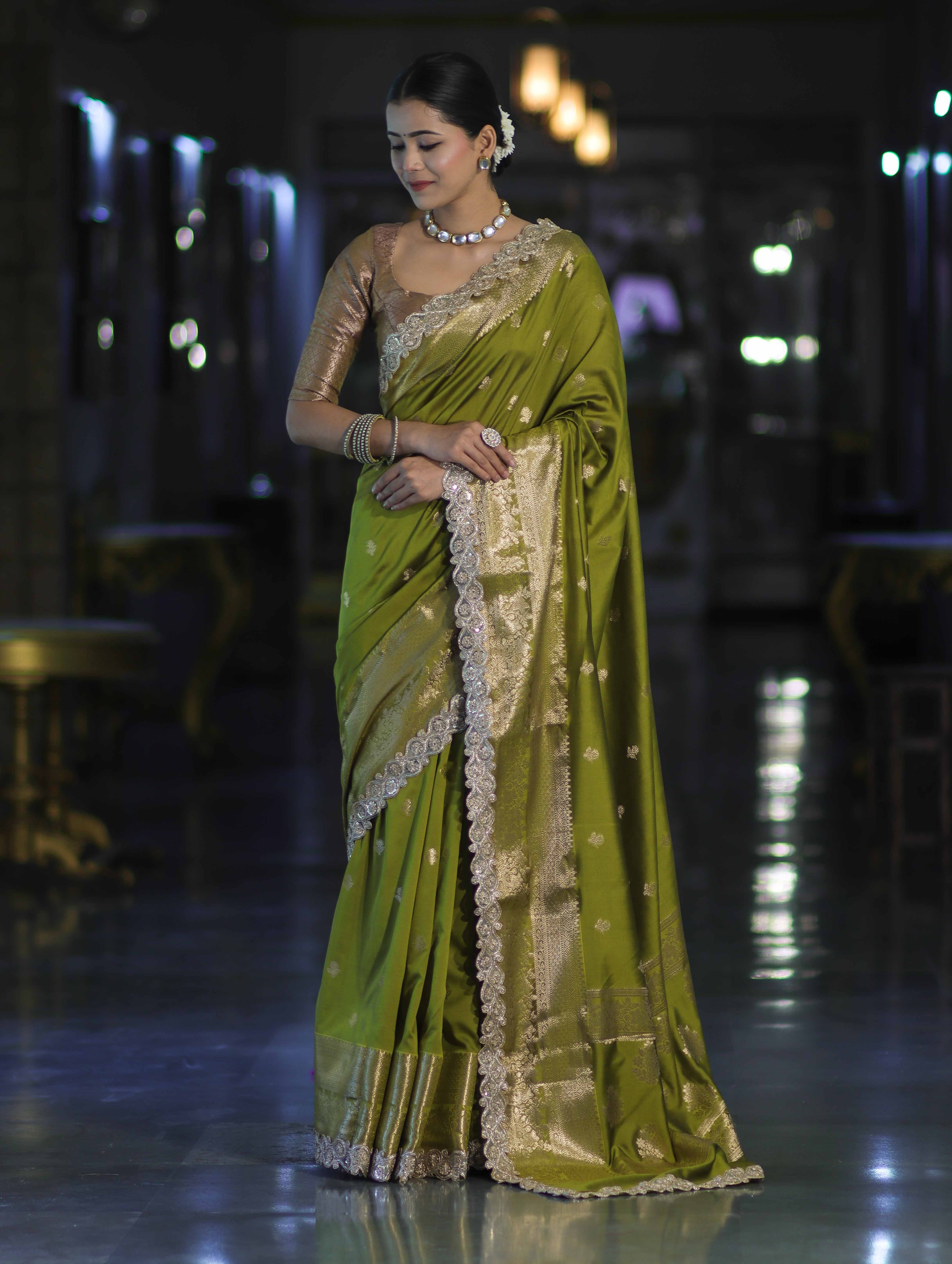 Banarasee Handloom Semi Silk Saree With Zari Buti Design & Lace Border-Lime Green
