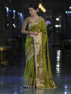 Banarasee Handloom Semi Silk Saree With Zari Buti Design & Lace Border-Lime Green