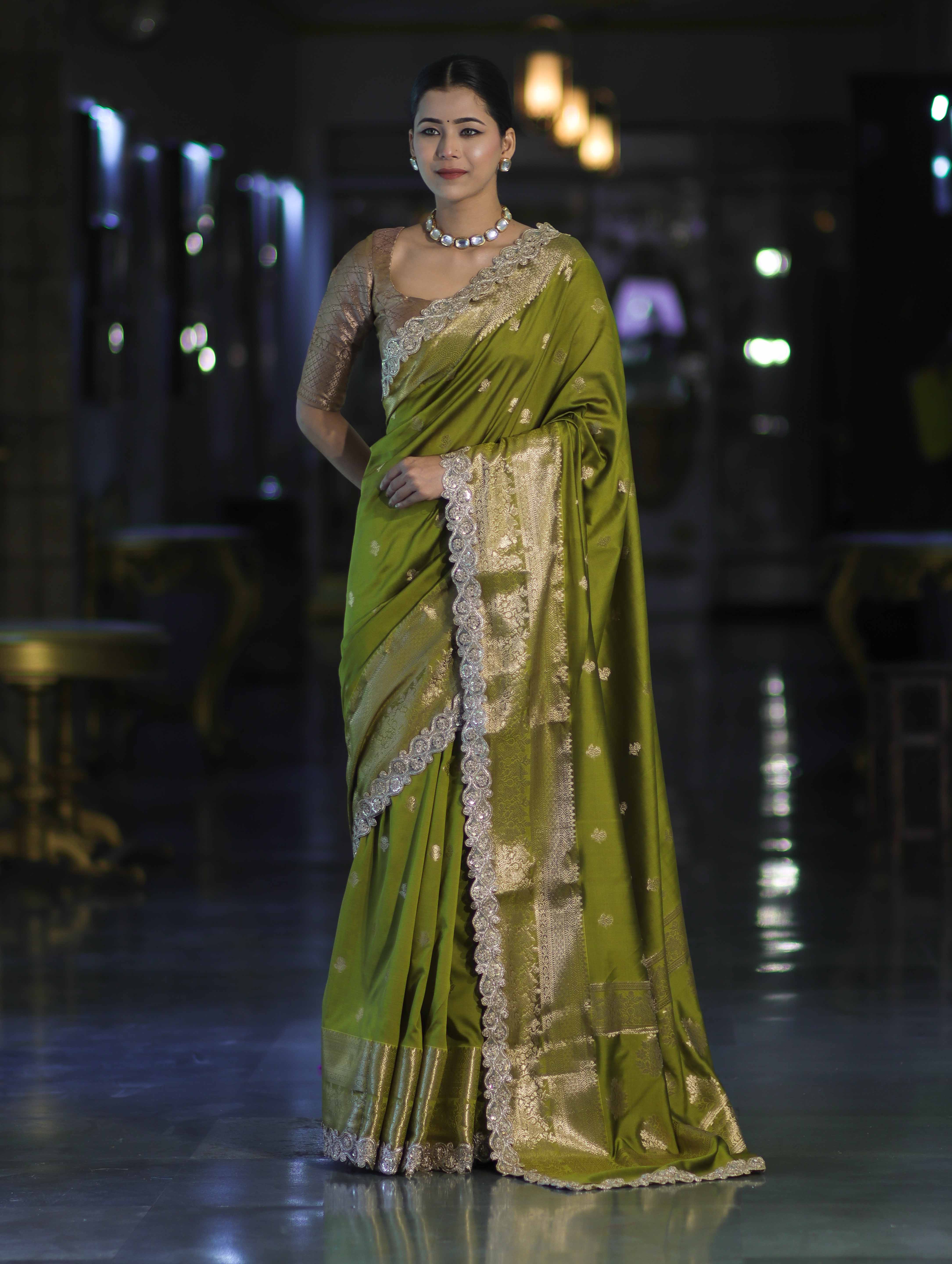 Banarasee Handloom Semi Silk Saree With Zari Buti Design & Lace Border-Lime Green
