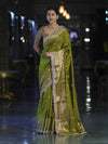 Banarasee Handloom Semi Silk Saree With Zari Buti Design & Lace Border-Lime Green