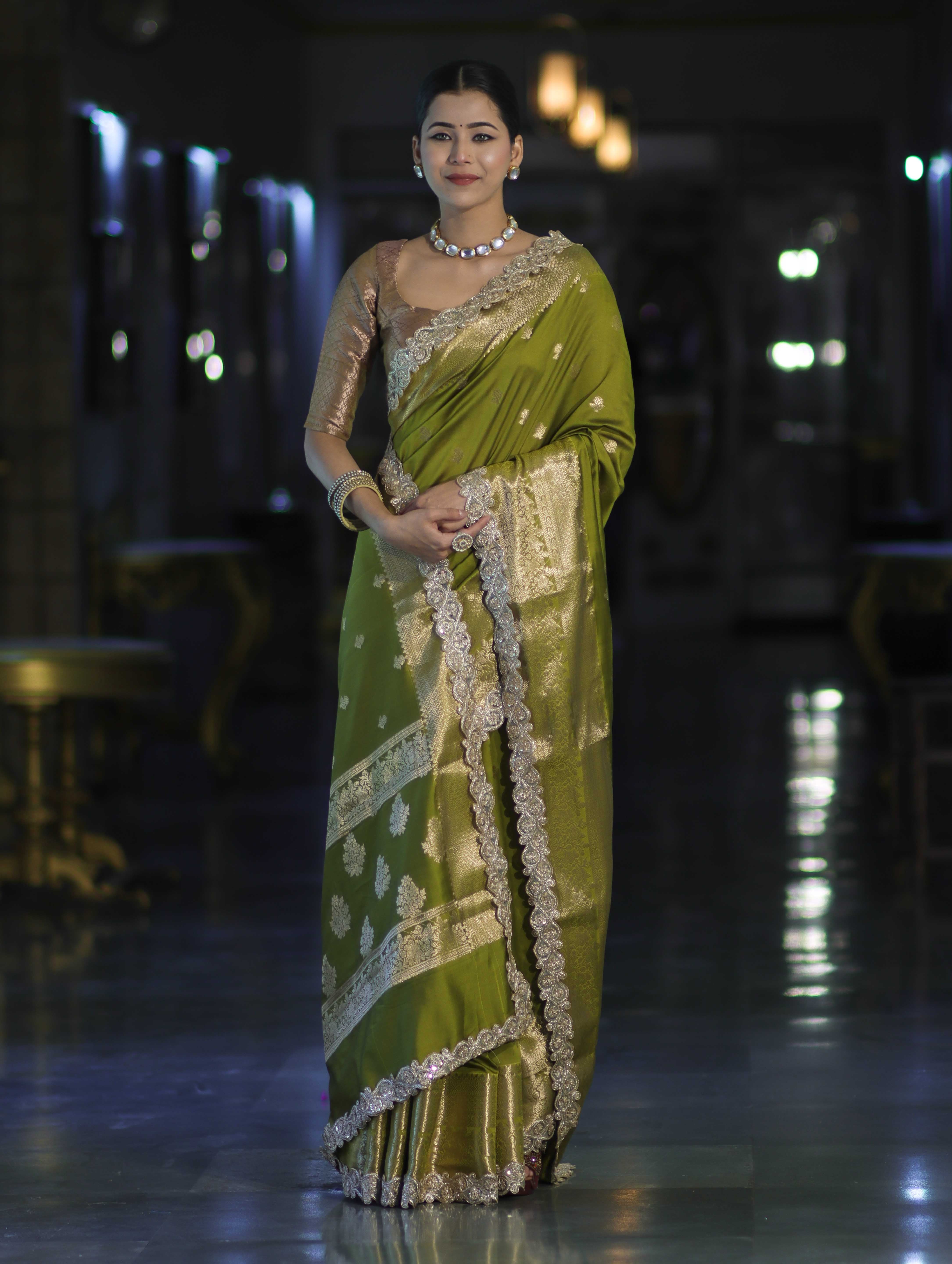 Banarasee Handloom Semi Silk Saree With Zari Buti Design & Lace Border-Lime Green