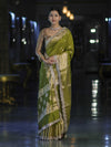 Banarasee Handloom Semi Silk Saree With Zari Buti Design & Lace Border-Lime Green
