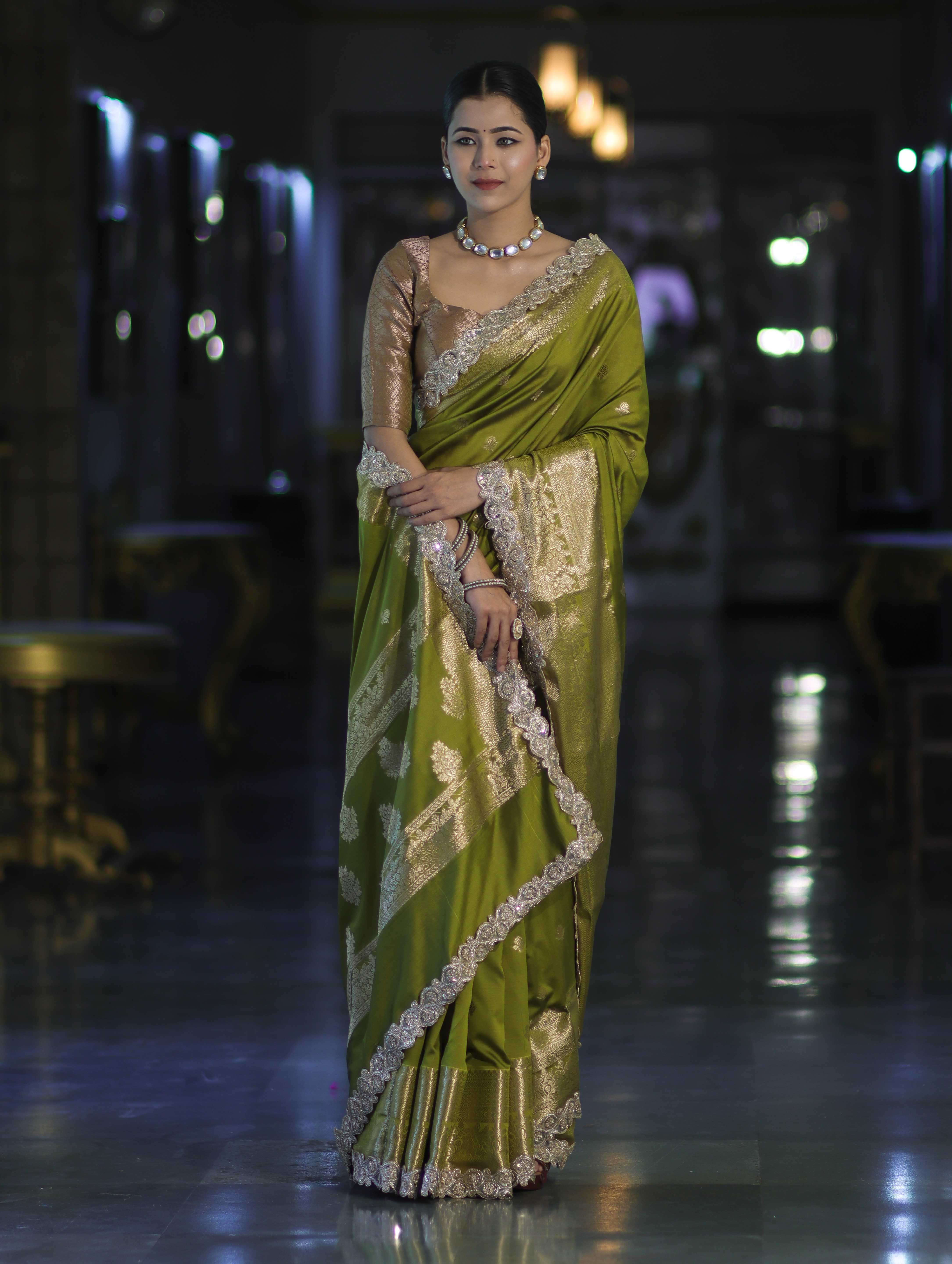 Banarasee Handloom Semi Silk Saree With Zari Buti Design & Lace Border-Lime Green