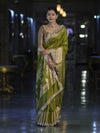 Banarasee Handloom Semi Silk Saree With Zari Buti Design & Lace Border-Lime Green